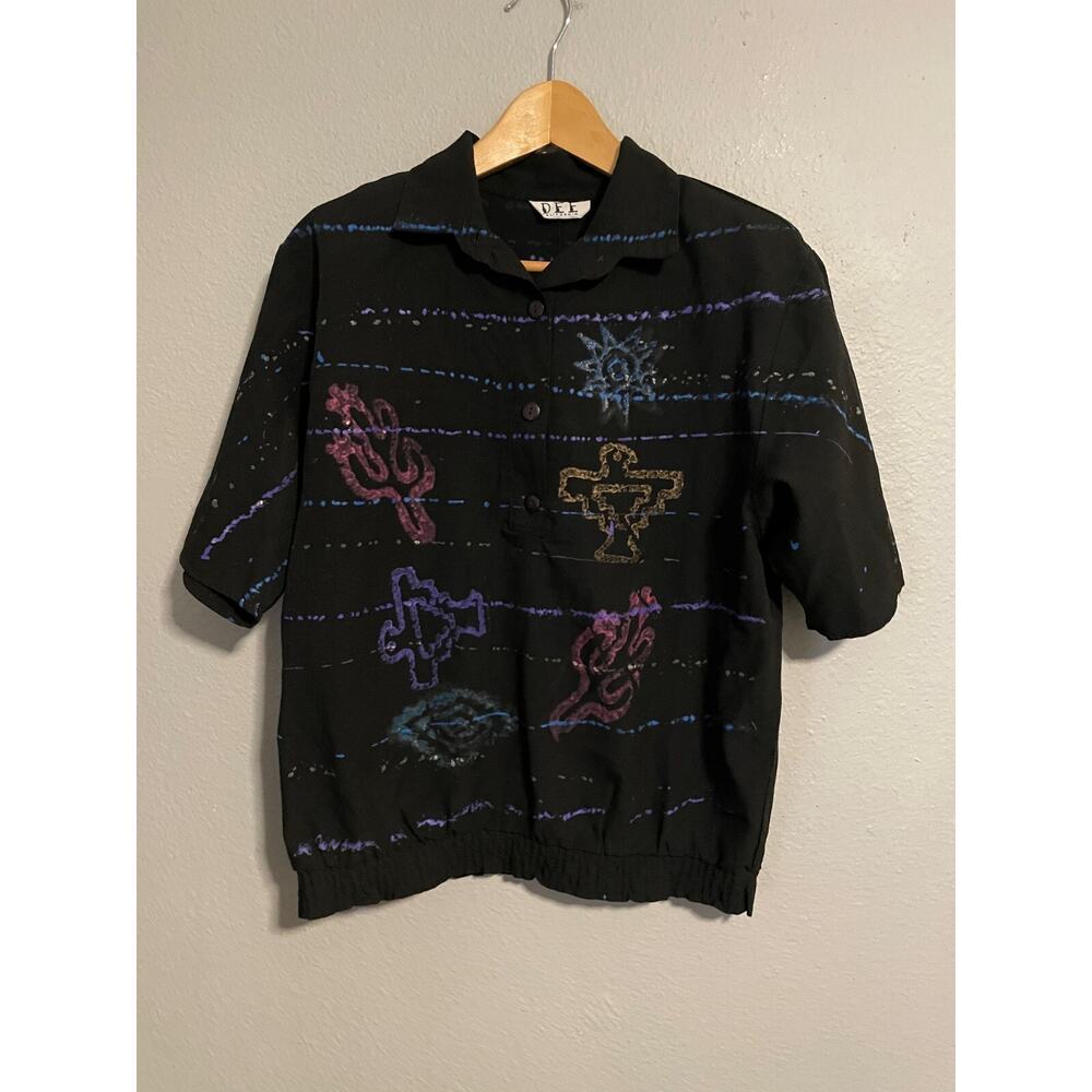Vintage Womens Top Large Black Aztec Print Southwestern Artsy Wacky 90s READ